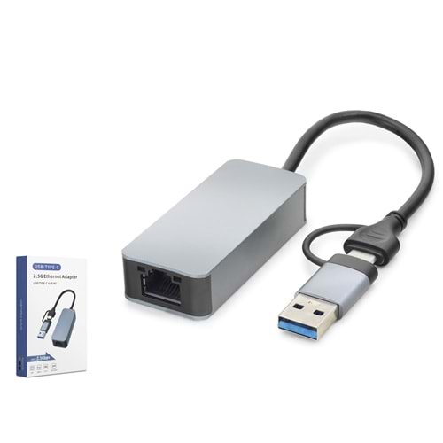 HADRON HDX7865 USB Type C USB 3.0 Ethernet Adaptör 2.5 Gbps Gri