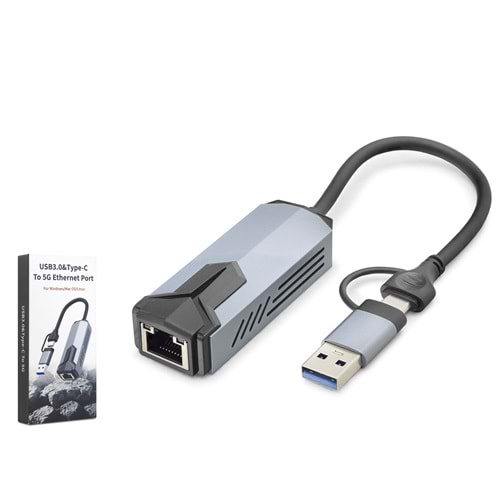 HADRON HDX7866 USB Type C USB 3.0 Ethernet Adaptör Gigabit 5 Gbps Gri