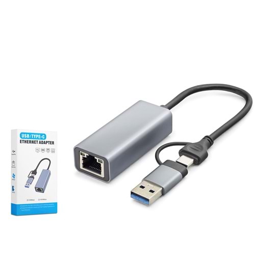 HADRON HDX7869 USB Type C USB 3.0 Ethernet Adaptör Gigabit Gri