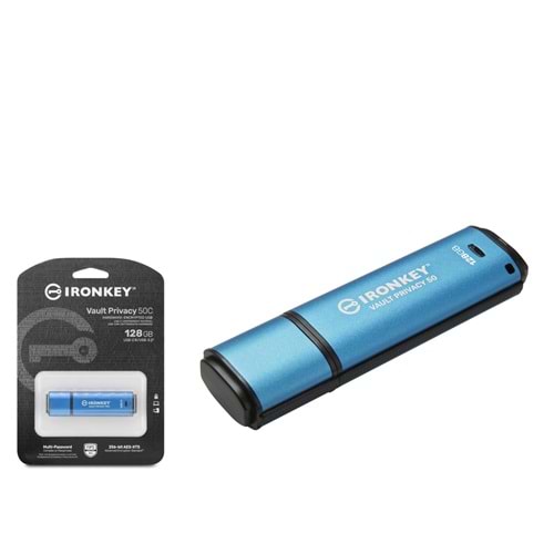 KINGSTON IKVP50C 128 GB USB Type-C 3.2 Gen 1 IronKey Vault Privacy 50C Flash Bellek Mavi