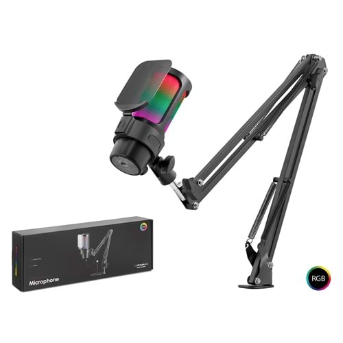 Hadron M835 Profesyonel Ayarlanabilir Masa Kolu Askılı RGB Gaming Mikrofon - 192kHz/24Bit USB Type-C Siyah