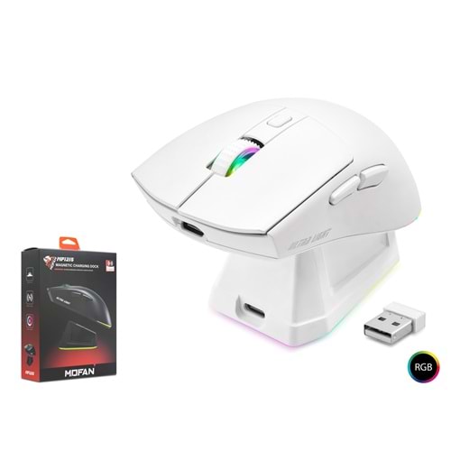 MOFAN MF1215W Dual Mode RGB Gaming Mouse Manyetik Şarj Standlı 2.4 GHz Bluetooth Beyaz