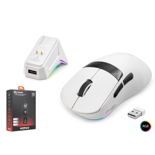 MOFAN MF1216W Tri Mode RGB Gaming Mouse Manyetik Şarj Standlı OLED Ekranlı 12000 DPI Beyaz