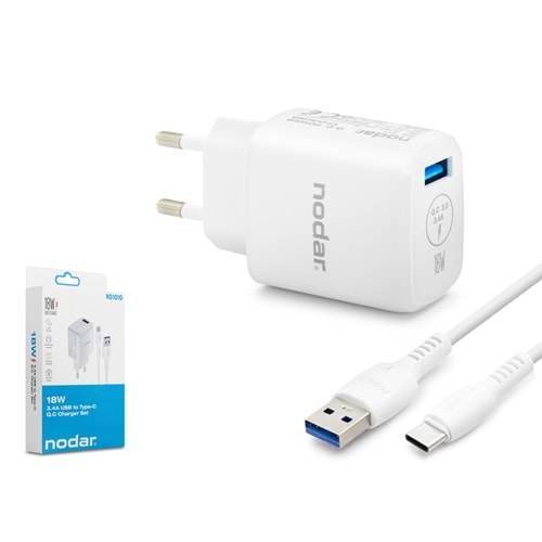 NODAR ND1010 Type-C QC 3.0 Hızlı Şarj Seti 18W 3.4A USB Adaptörlü - Beyaz