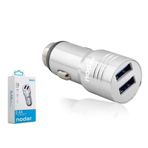 NODAR ND1075 Araç Şarj Adaptörü 2x USB 3.4A Metal - Gümüş