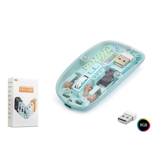 NODAR ND1201G Dual Mode Kablosuz Şeffaf Mouse 2.4 GHz Bluetooth 5.2 1600 DPI RGB Yeşil