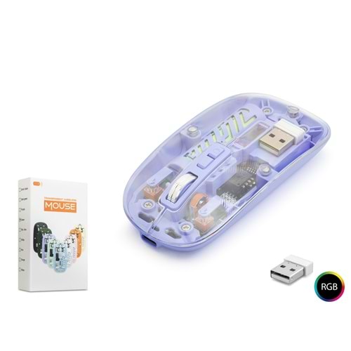NODAR ND1201P Dual Mode Kablosuz Şeffaf Mouse 2.4 GHz Bluetooth 5.2 1600 DPI RGB Mor