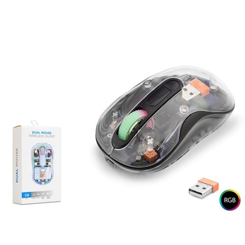 NODAR ND1205B Dual Mode Kablosuz Şeffaf Mouse 2.4 GHz Bluetooth 5.2 1600 DPI RGB Siyah