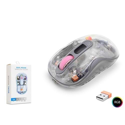 NODAR ND1205G Dual Mode Kablosuz Şeffaf Mouse 2.4 GHz Bluetooth 5.2 1600 DPI RGB Yeşil