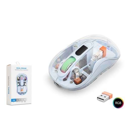 NODAR ND1205M Dual Mode Kablosuz Şeffaf Mouse 2.4 GHz Bluetooth 5.2 1600 DPI RGB Mavi