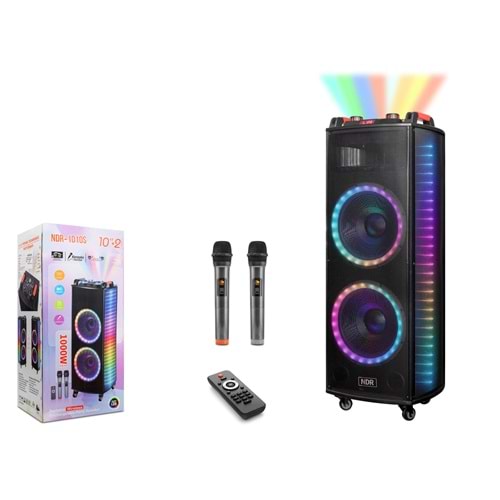 NDR NDR1010S Bluetooth Hoparlör FM Radyo 2x10 İnç USB TF AUX RGB Çift Mikrofonlu Kumandalı - Siyah