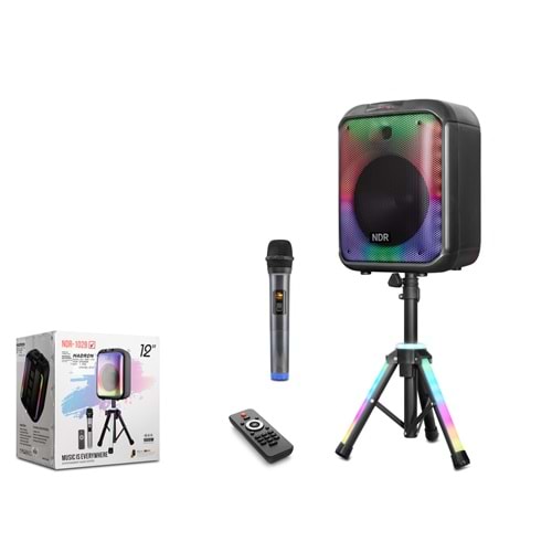 NDR NDR102B Bluetooth Hoparlör FM Radyo 12 İnç USB TF AUX RGB Mikrofonlu Kumandalı - Siyah