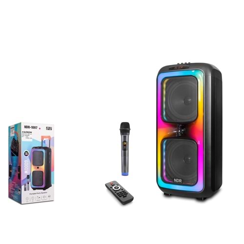 NDR NDR1097 Bluetooth Hoparlör FM Radyo 2x8 İnç USB TF AUX RGB Mikrofonlu Kumandalı - Siyah