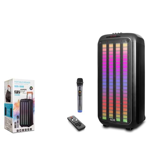 NDR NDR1098 Bluetooth Hoparlör FM Radyo 2x8 İnç USB TF AUX RGB Mikrofonlu Kumandalı - Siyah