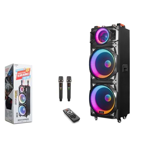 NDR NDR1526 Bluetooth Hoparlör FM Radyo 2x15 İnç USB TF AUX RGB Çift Mikrofonlu Kumandalı - Siyah