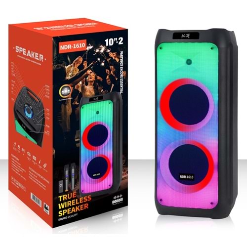 NDR NDR1610 Bluetooth Hoparlör FM Radyo 2x10 İnç USB TF AUX RGB Çift Mikrofonlu Kumandalı - Siyah