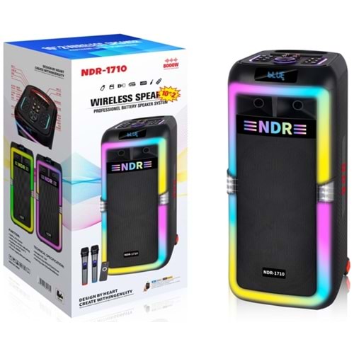 NDR NDR1710 Bluetooth Hoparlör FM Radyo 2x10 İnç USB TF AUX RGB Çift Mikrofonlu Kumandalı - Siyah