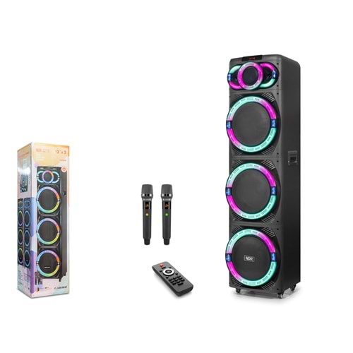 NDR NDR3270 Bluetooth Hoparlör FM Radyo 3x12 İnç USB TF AUX RGB Çift Mikrofonlu Kumandalı - Siyah