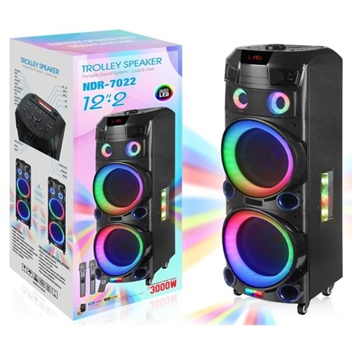 NDR NDR7022 Bluetooth Hoparlör FM Radyo 2x12 İnç USB TF AUX RGB Çift Mikrofonlu Kumandalı - Siyah