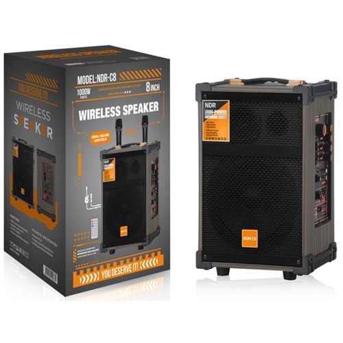 NDR NDRC08 Bluetooth Hoparlör FM Radyo 8 İnç USB TF AUX Çift Mikrofonlu Kumandalı - Siyah