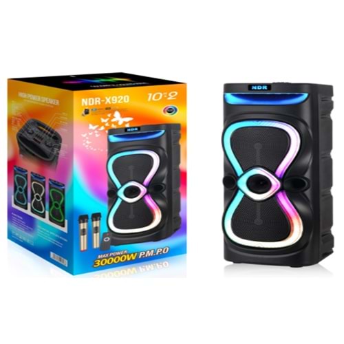 NDR NDRX920 Bluetooth Hoparlör FM Radyo 2x10 İnç USB TF AUX RGB Çift Mikrofonlu Kumandalı - Siyah