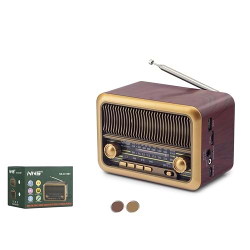 NNS NS3315BT Bluetooth Nostaljik FM Radyo TWS USB TF AUX Hoparlör - Kahverengi