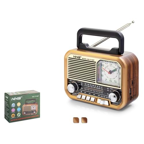 NNS NS7113BT Bluetooth Nostaljik FM Radyo TWS USB TF Analog Saatli Taşınabilir Hoparlör - Kahverengi