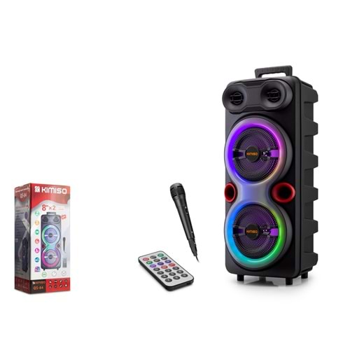 KIMISO QS84 Bluetooth Hoparlör FM Radyo 2x8 İnç TWS USB TF AUX RGB Mikrofonlu Kumandalı - Siyah