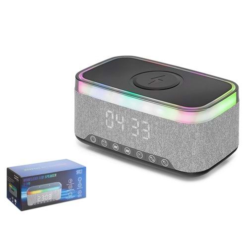 HADRON S300 Bluetooth Hoparlör FM Radyo 15W TWS USB TF Qi Kablosuz Şarjlı Saatli RGB - Siyah