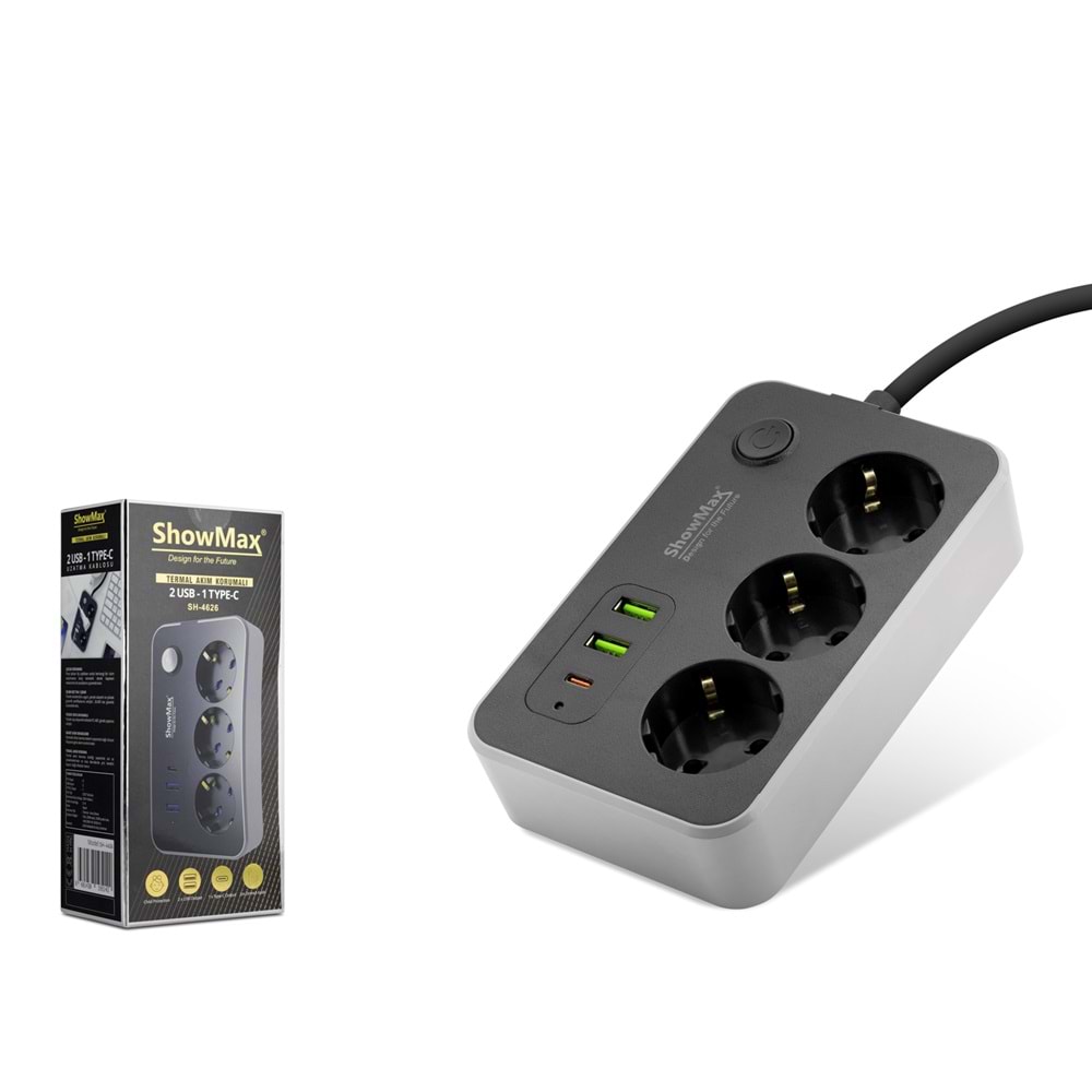 SHOWMAX SH4626 TERMAL AKIM KORUMALI 3LÜ PRİZ + 2USB + 1TYPE-C 2MT