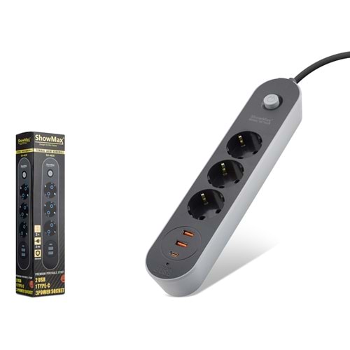 SHOWMAX SH4628 Termal Akım Korumalı Uzatma Kablosu 3 Priz 2 USB Type-C Anahtarlı 2 m - Siyah