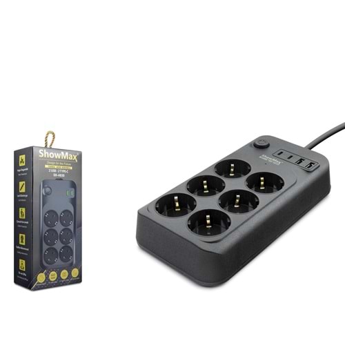 SHOWMAX SH4630 Termal Akım Korumalı Uzatma Kablosu 6 Priz 2 USB 2 Type-C Anahtarlı 2 m - Siyah