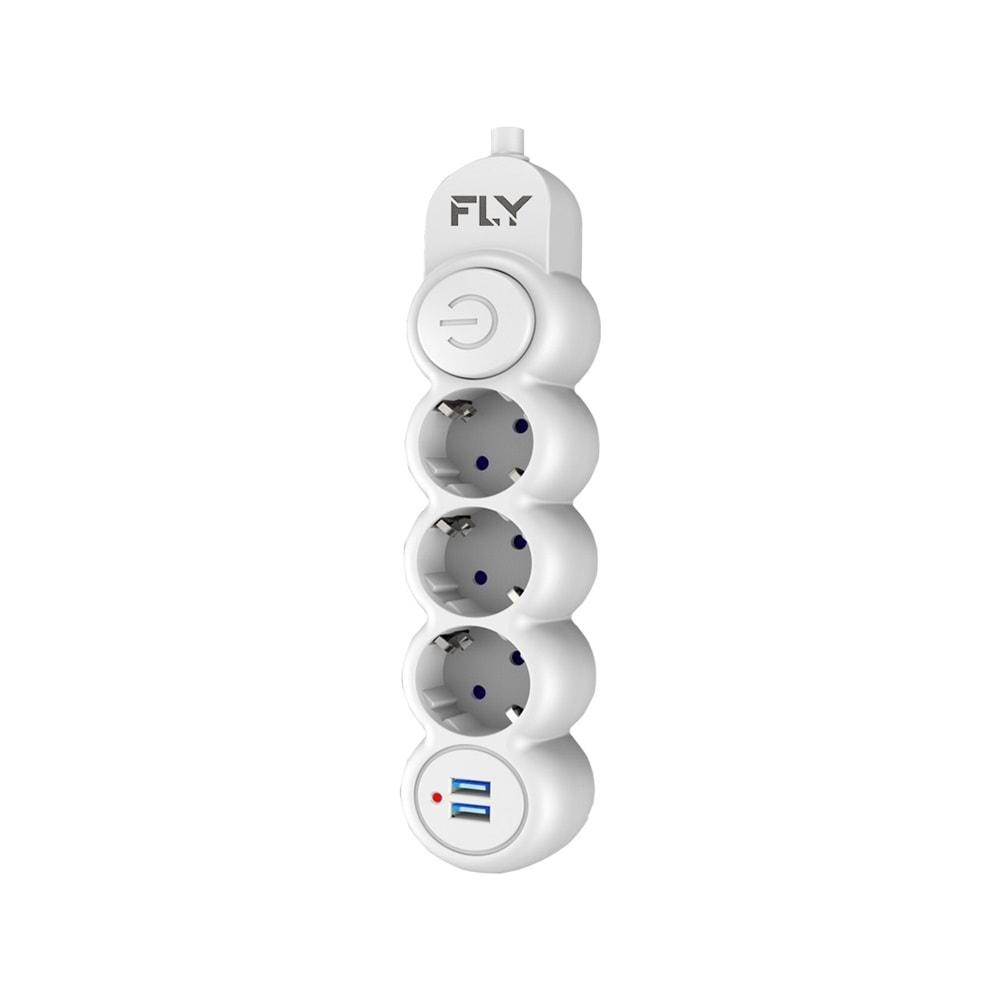 FLY 3393-01 ANAHTARLI TERMAL AKIM KORUMALI 3*PRİZ 2*USB 2.1A 2M KUTULU BEYAZ